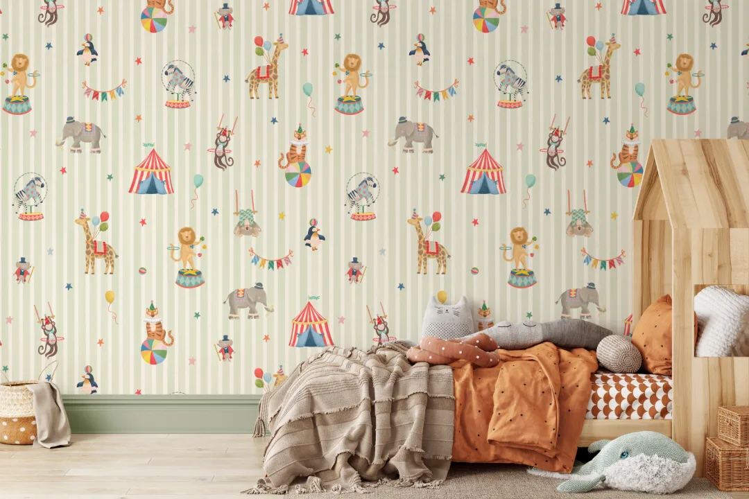 Mural infantil de animales de circo con rayas verdes