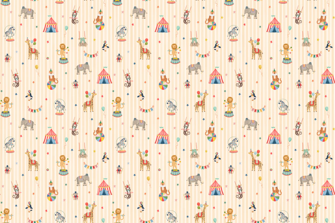 Mural infantil de animales de circo con rayas amarillas