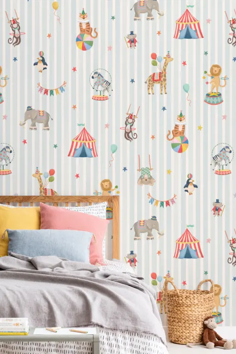 Kids Blue Stripe Circus Animals Mural