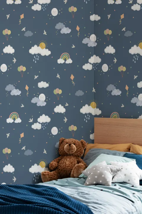 Dark Blue Hand Drawn Sun, Clouds & Rainbow Print Wallpaper
