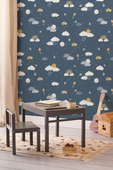 Dark Blue Hand Drawn Sun, Clouds & Rainbow Print Wallpaper