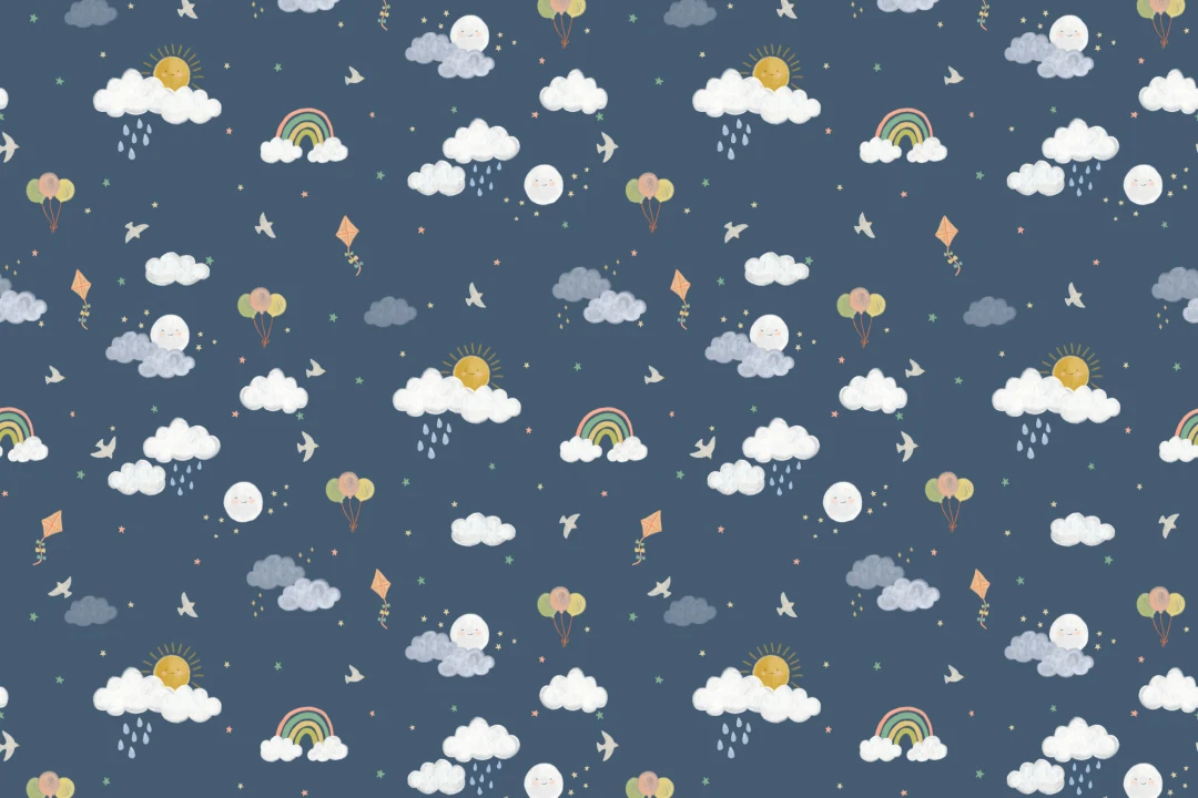Dark Blue Hand Drawn Sun, Clouds & Rainbow Print Wallpaper