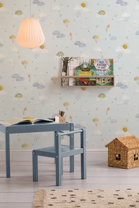 Light Blue Hand Drawn Sun, Clouds & Rainbow Print Wallpaper