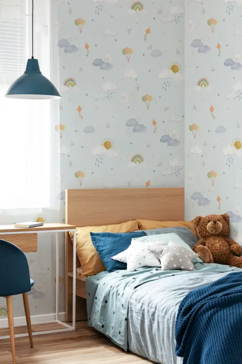 Light Blue Hand Drawn Sun, Clouds & Rainbow Print Wallpaper
