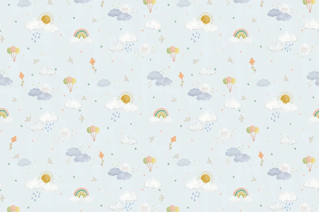 Light Blue Hand Drawn Sun, Clouds & Rainbow Print Wallpaper
