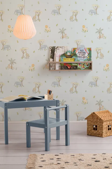 Papel pintado de Animales de safari coloridos ilustrados en azul