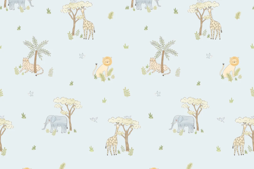 Papel pintado de Animales de safari coloridos ilustrados en azul