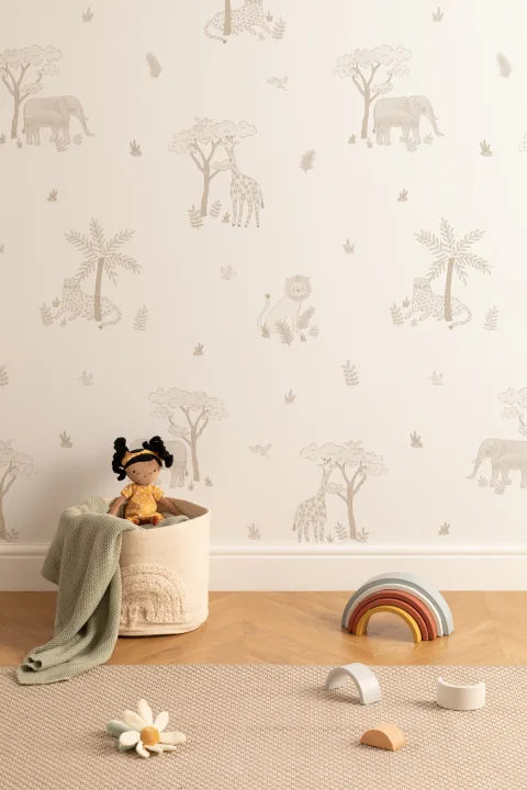 Neutral Illustrated Colorful Safari Animals Wallpaper