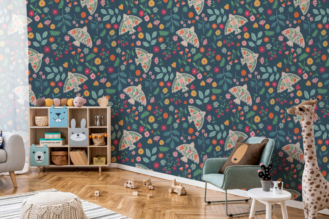 Dark Blue Scandinavian Bird & Floral Motif Wallpaper