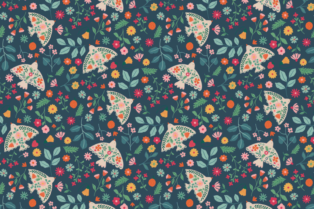 Papier peint scandinave bleu foncé à motifs d'oiseaux et de fleurs