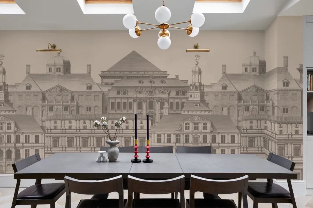 Classical Architectural Etching Wall Mural Blueprint Design by Jan Matthysz and Pieter Jansz Post in Grey