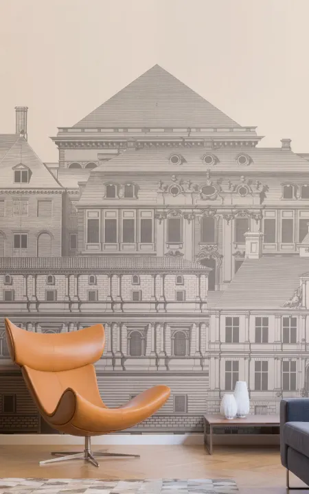 Classical Architectural Etching Wall Mural Blueprint Design by Jan Matthysz and Pieter Jansz Post in Grey
