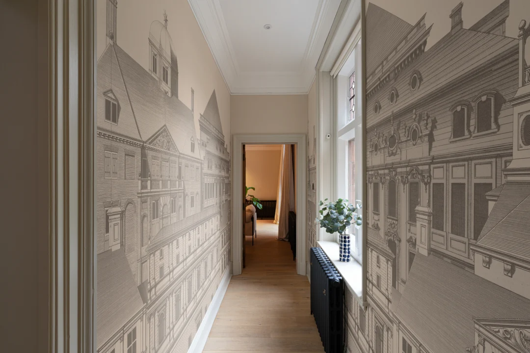 Mural de papel pintado con grabados de arquitectura clásica Diseño de Jan Matthysz y Pieter Jansz Post en gris