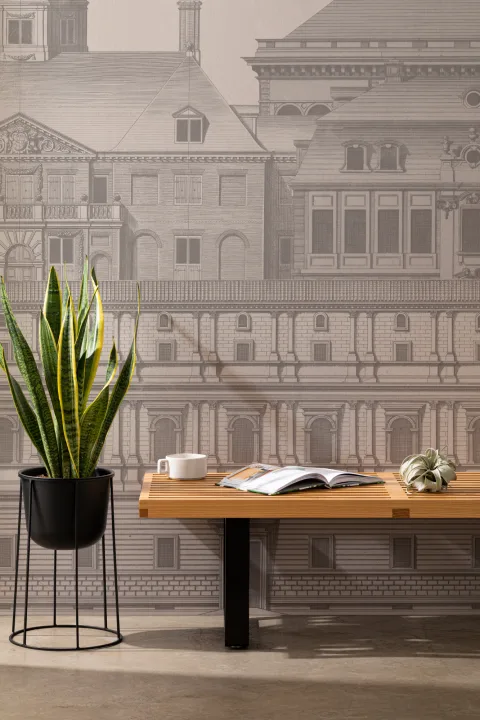 Mural de papel pintado con grabados de arquitectura clásica Diseño de Jan Matthysz y Pieter Jansz Post en gris