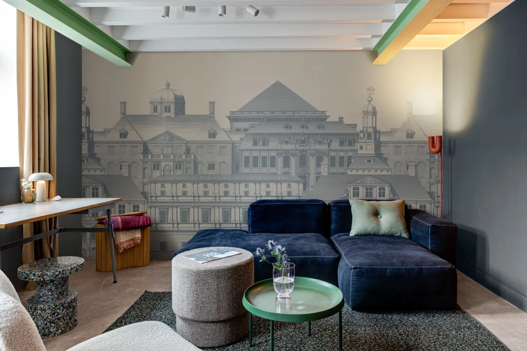Classical Architectural Etching Wall Mural Blueprint Design by Jan Matthysz and Pieter Jansz Post in Navy Blue