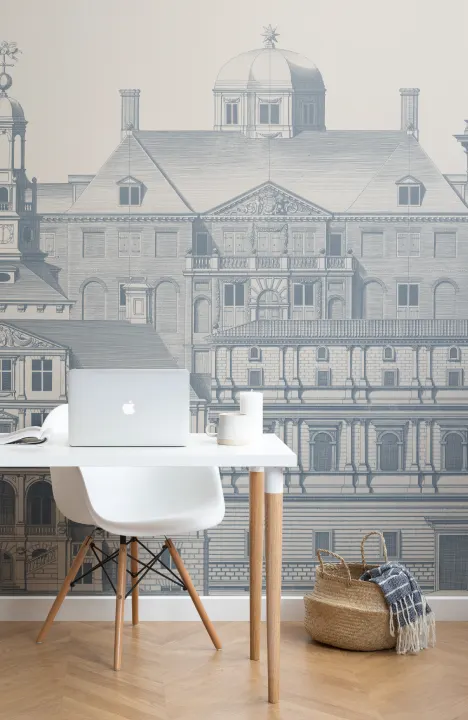 Mural de papel pintado con grabado de arquitectura clásica diseñado por Jan Matthysz y Pieter Jansz Post en azul marino