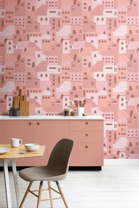 Pink Architecture House Pattern Wallpaper Mural