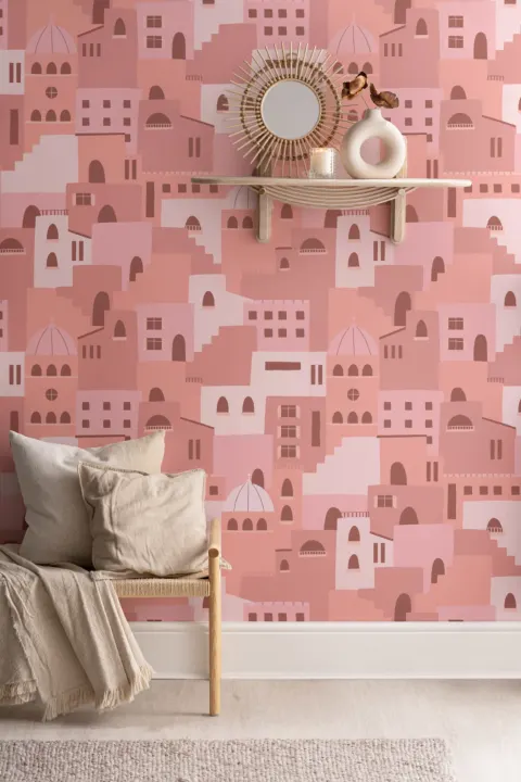 Mural Rosa con Motivo de Casas Italianas