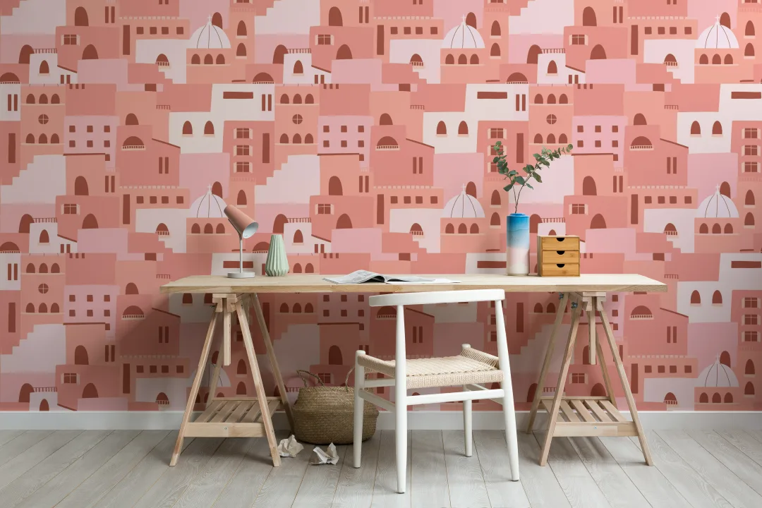 Mural Rosa con Motivo de Casas Italianas