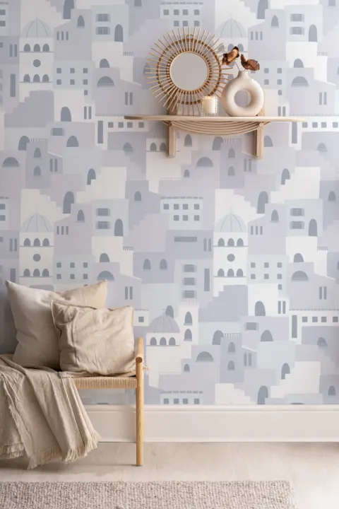 Carta da Parati Azzurro Polvere con Motivo di Case ed Architetture Italiane