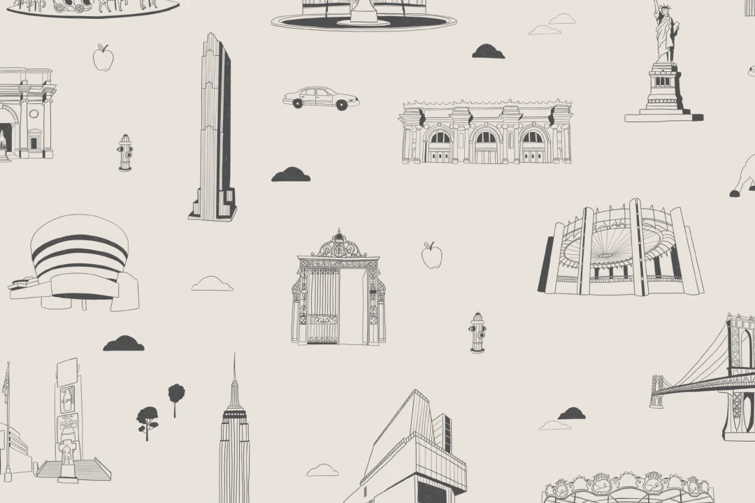 New York City Landmarks gri și alb repeta model tapet