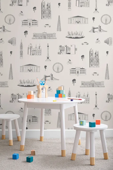 Papel Pintado Ilustraciones de Monumentos de Londres en Gris y Blanco