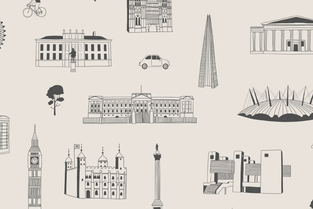 Papel Pintado Ilustraciones de Monumentos de Londres en Gris y Blanco