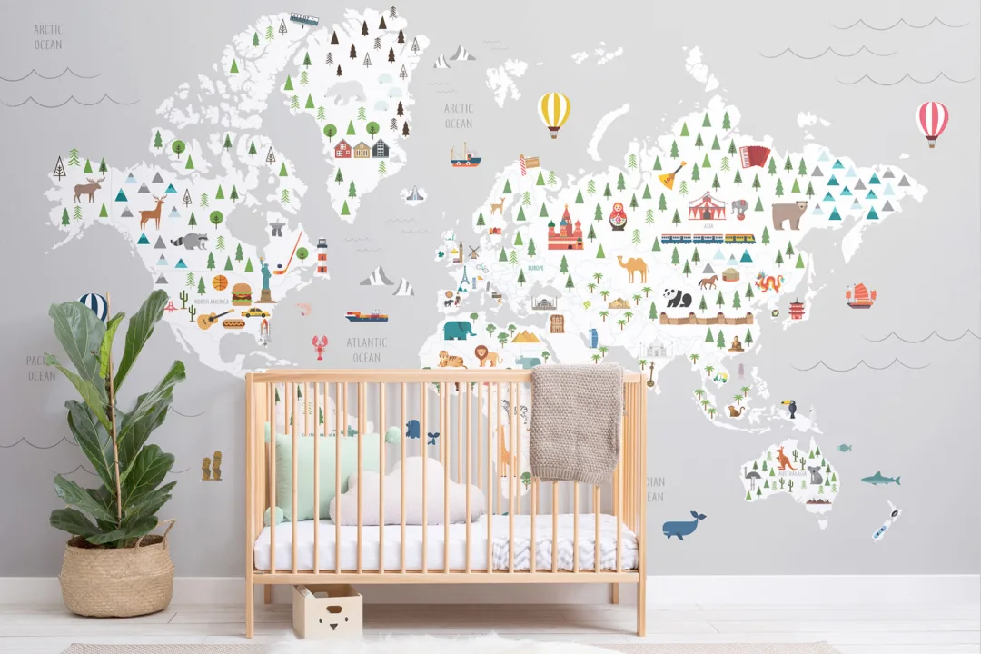 Mural Papel Pintado Mapa del Mundo para Niños en Color Gris con Dibujos
