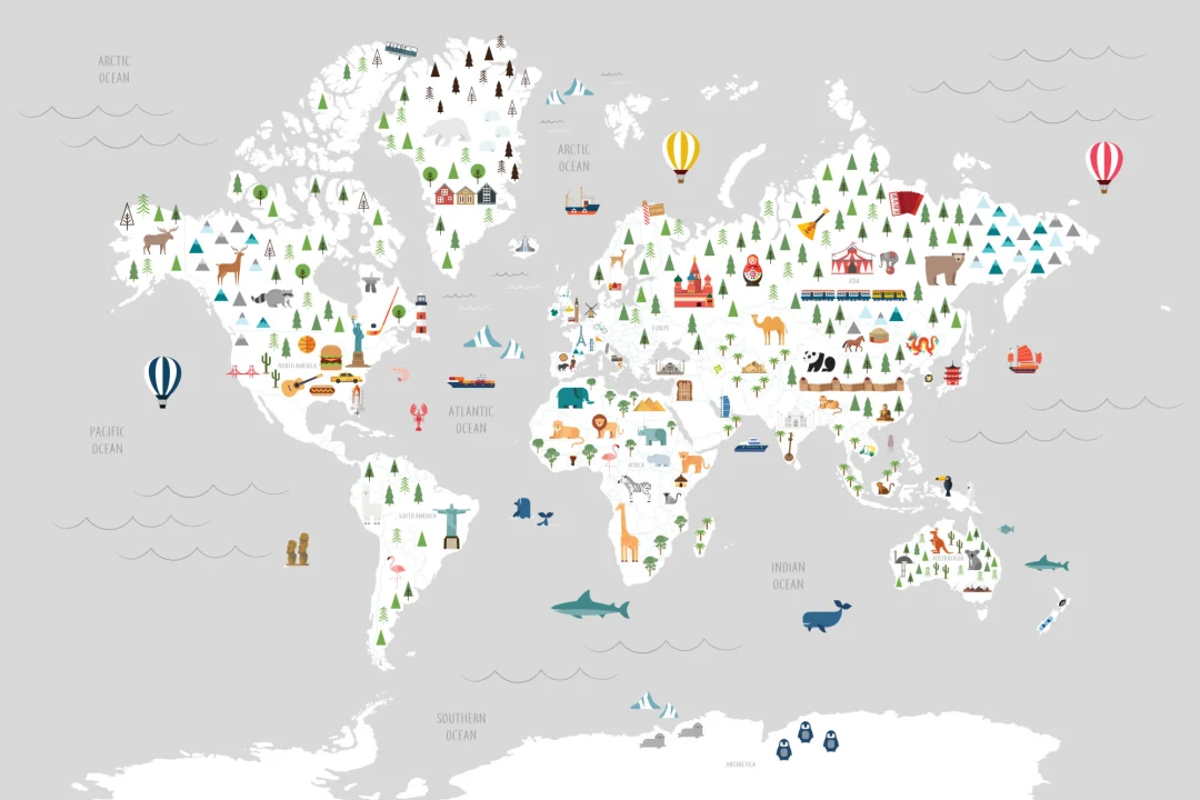 Mural Papel Pintado Mapa del Mundo para Niños en Color Gris con Dibujos