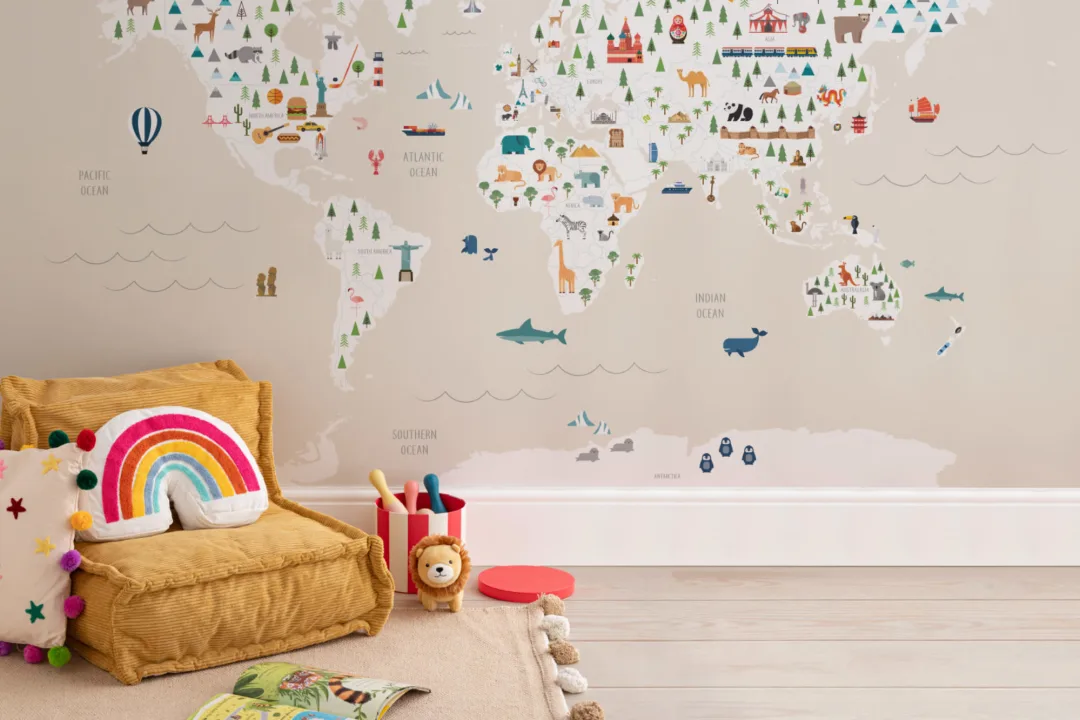 Mural Papel Pintado de Mapa para Niños en Color Crema Final