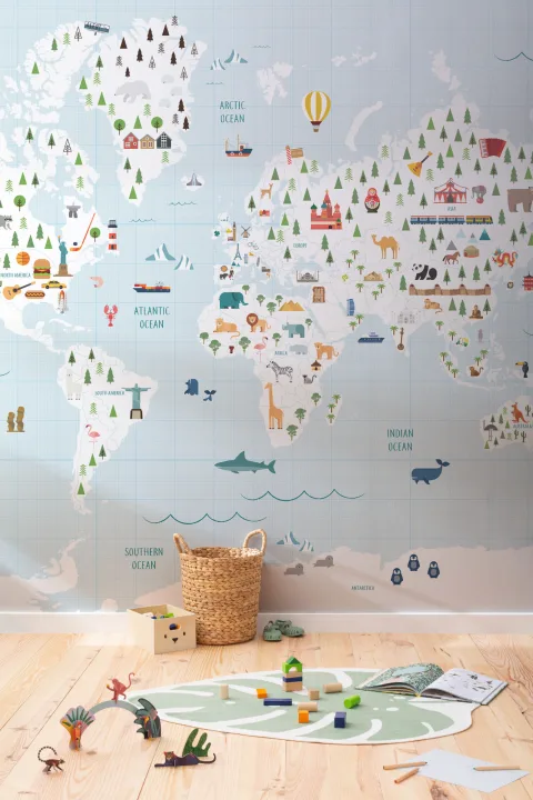 Cartoon Blue Grid Paper World Map Wallpaper Mural