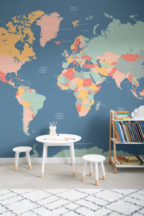 Blue World Map murale