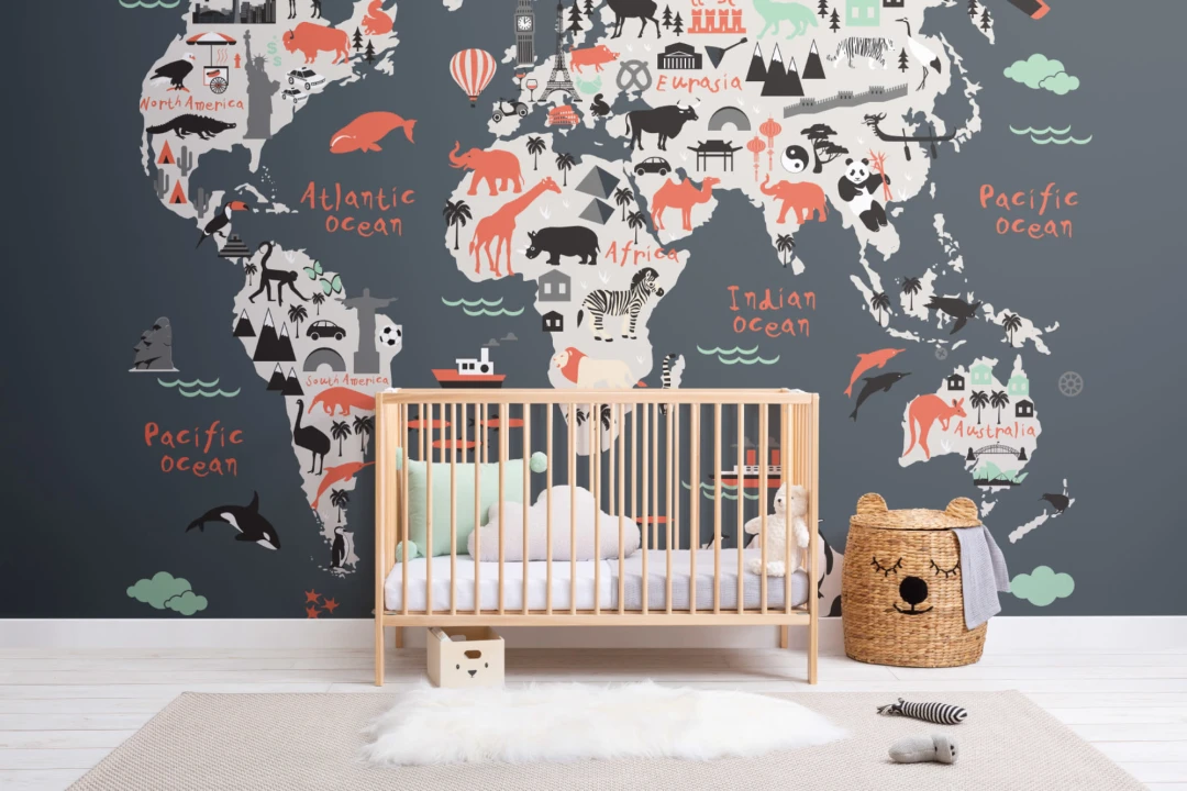 Mural Papel Pintado Mapamundi Niños Exploradores en Gris