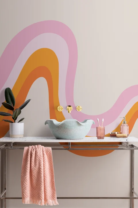 Papel Pintado Retro 70 con Motivo Rosa y Naranja