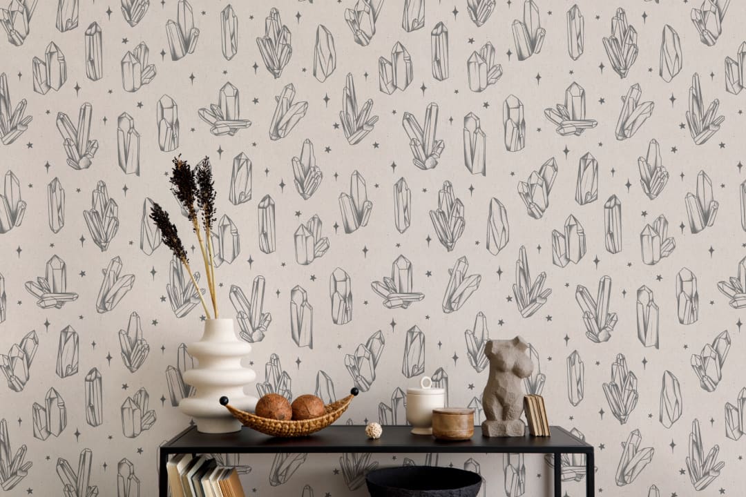 Black Illustrated Crystal & Star Pattern Wallpaper Mural