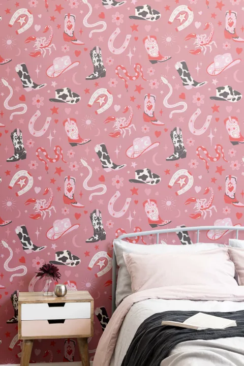 Dark Pink Western Motif Wallpaper