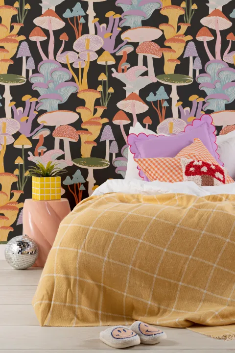 Bright Multicolor Hand Drawn Mushrooms on Black Wallpaper