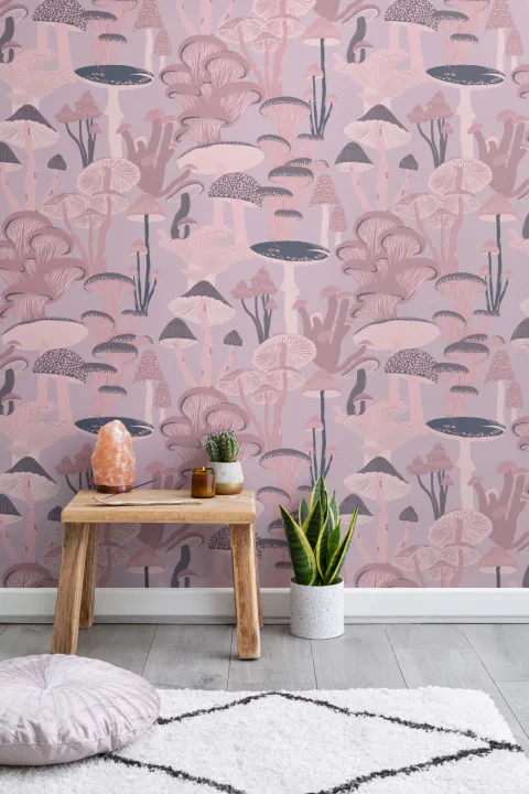 Pink Hand Drawn Mushrooms on Purple Wallpaper
