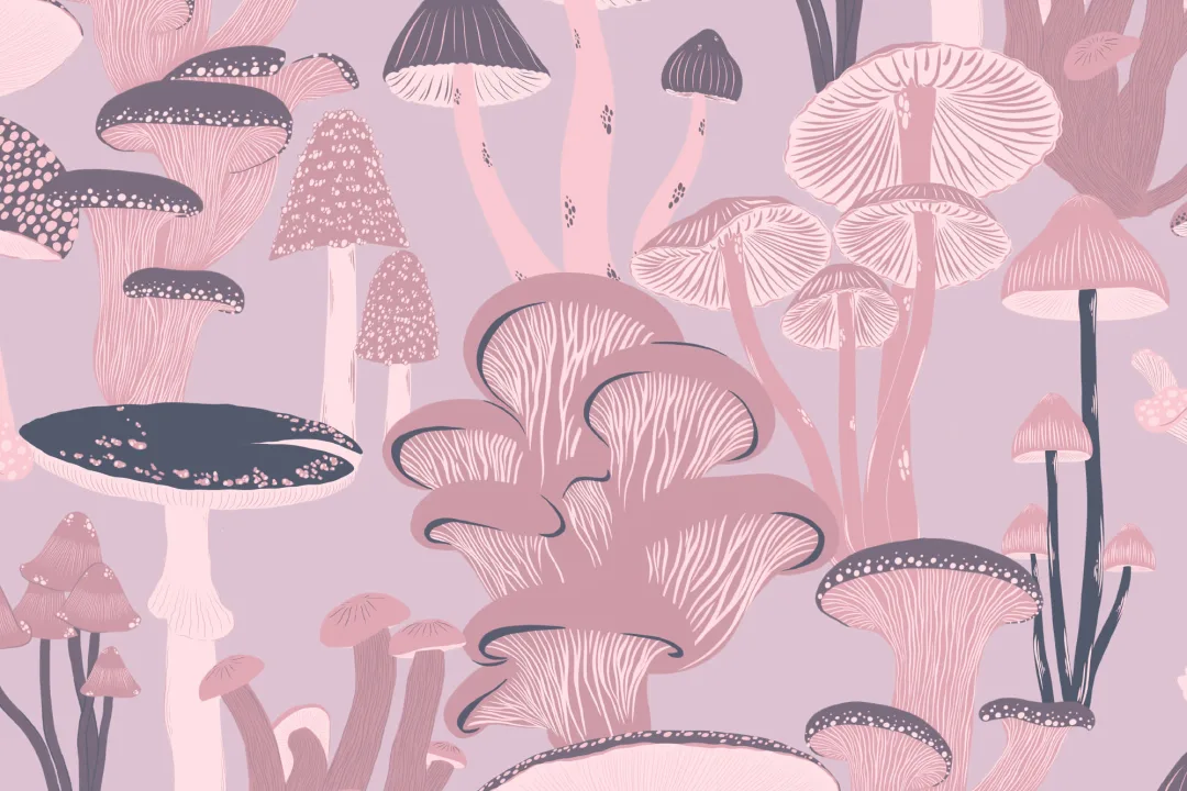 Pink Hand Drawn Mushrooms on Purple Wallpaper
