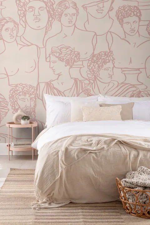 Dusty Pink Line Drawing Greek God Statue Pattern Wallpaper Mural