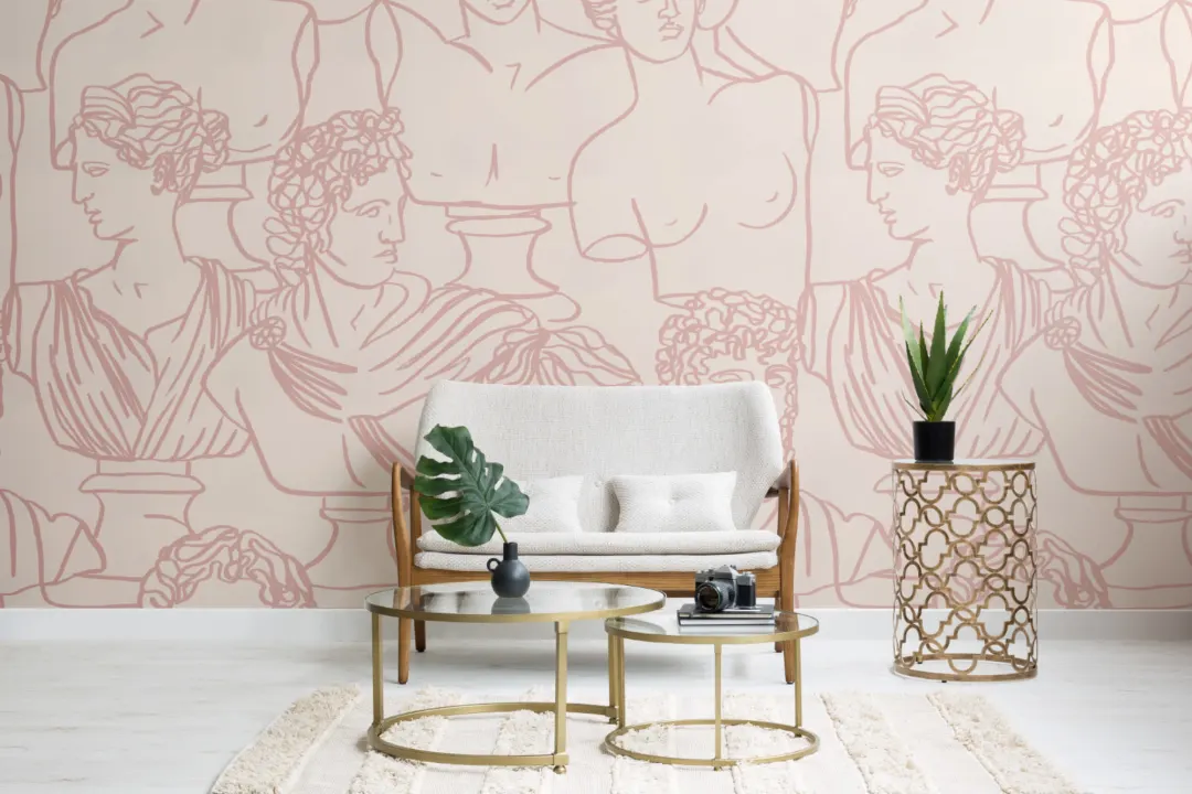 Dusty Pink Line Drawing Greek God Statue Pattern Fototapeta na ścianę