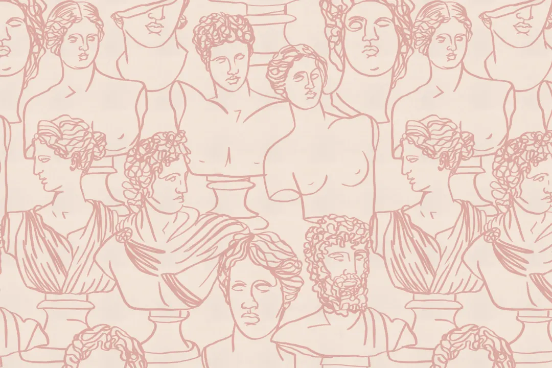 Dusty Pink Line Drawing Greek God Statue Pattern Wallpaper Mural
