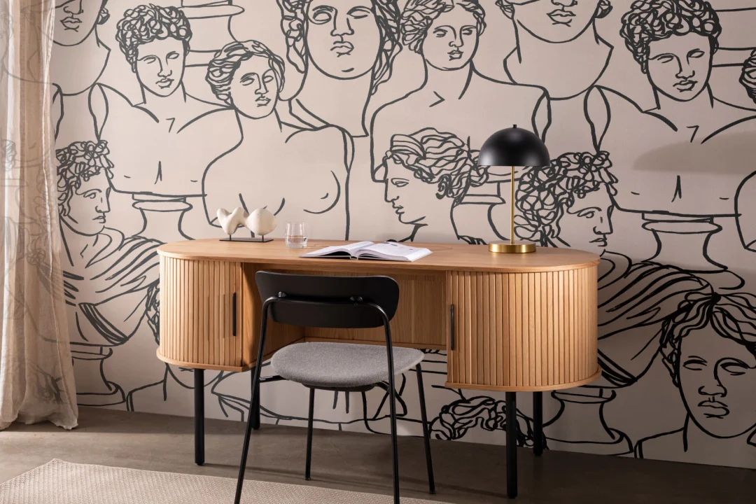 Black Line Drawing Greek God Statue Pattern Wallpaper Mural