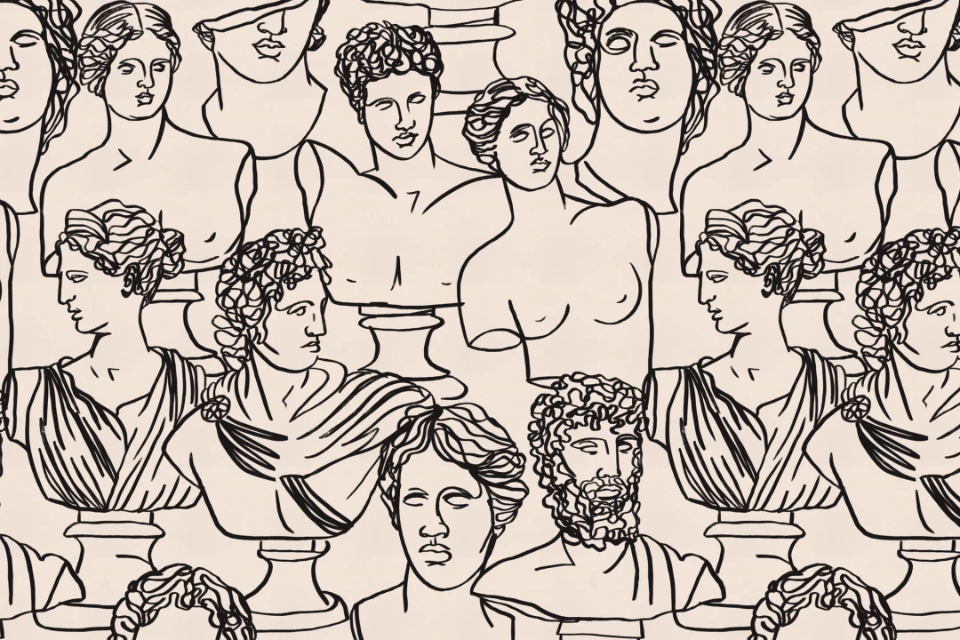 Black Line Drawing Greek God Statue Pattern Wallpaper Mural