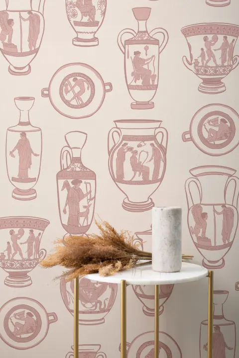 Dusty Pink Ancient Greek Pottery Pattern Wallpaper Mural