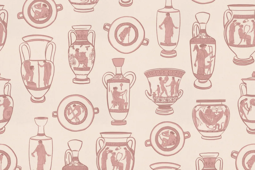 Dusty Pink Ancient Greek Pottery Pattern Wallpaper Mural