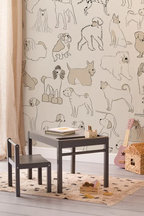 Neutral Bulldog & Sausage Dog Pattern Pet Wallpaper Mural
