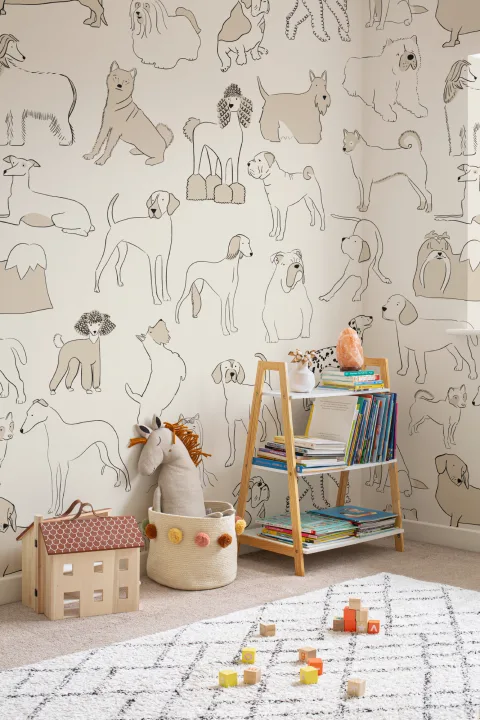 Neutral Bulldog & Sausage Dog Pattern Pet Wallpaper Mural