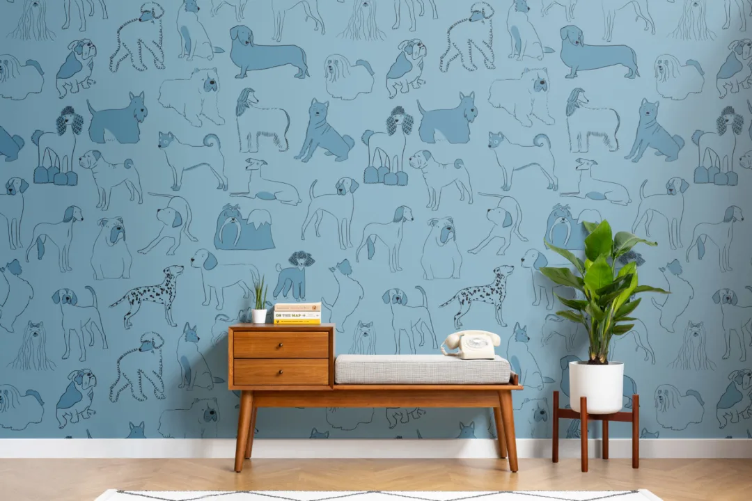 Blue Bulldog & Sausage Dog Pattern Pet Wallpaper Mural
