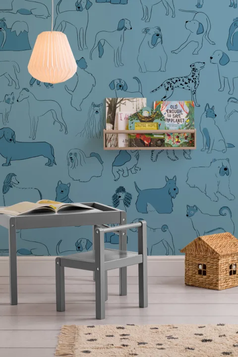 Blue Bulldog & Sausage Dog Pattern Pet Wallpaper Mural